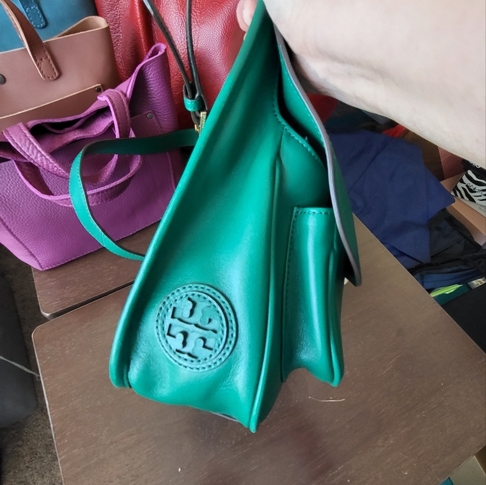 Tory Burch James Saddle Bag In Green Leather Vintage Heritage Saddalrina - Picture 7 of 11